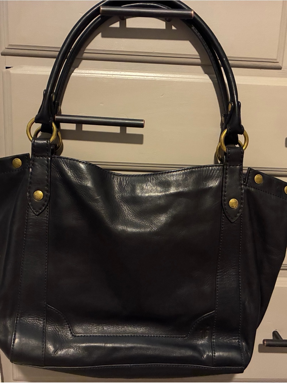 Frye Black Leather Double-Handle Tote with Brass Hardware